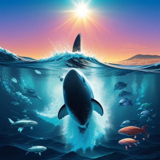 Vibrant Oceanic Whales in Murakami-Inspired Digital Art