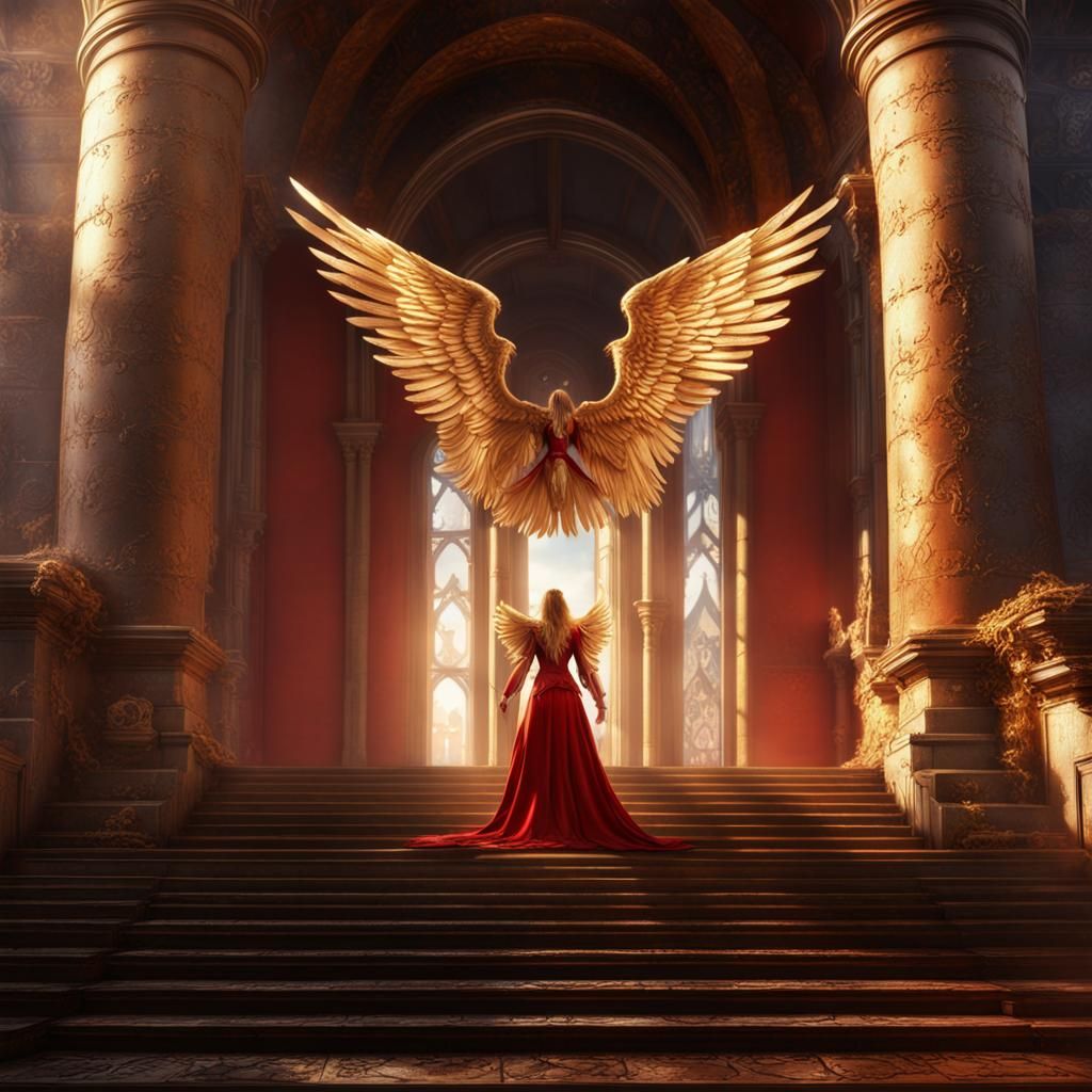 Red Angel on Castle Steps: Steampunk Fantasy Art