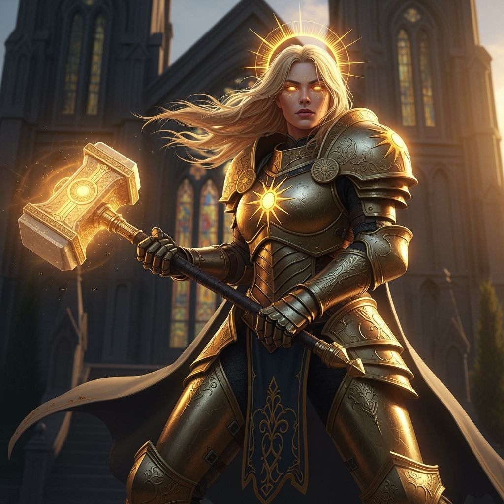 Female Paladin Defending Gothic Church at Sunset