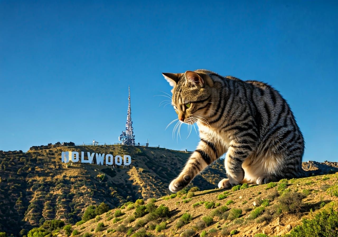 A giant cat knocking over the Hollywood sign
