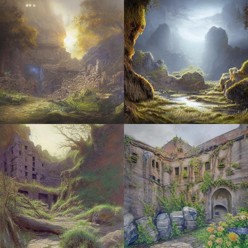 Castle Ruins on Collapsed Cave, Gurney-Style Oil Painting