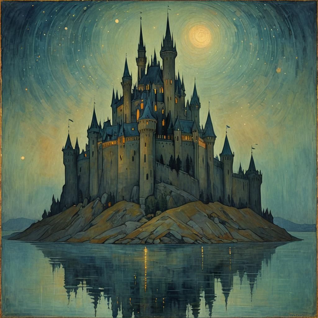 Surreal Castle at Night: Symbolist Abstract Art