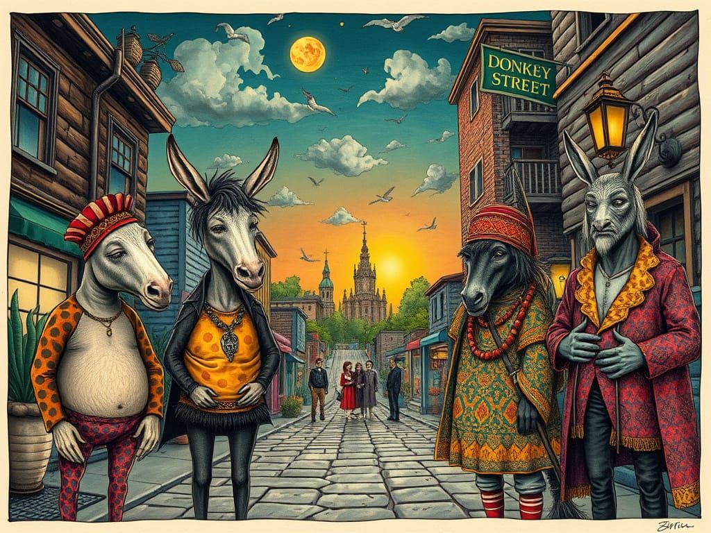 Characters in Dreamlike Street Scene at Dawn