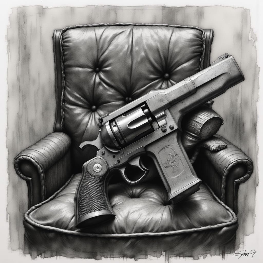 Revolver on Chair in Charcoal Drawing Style