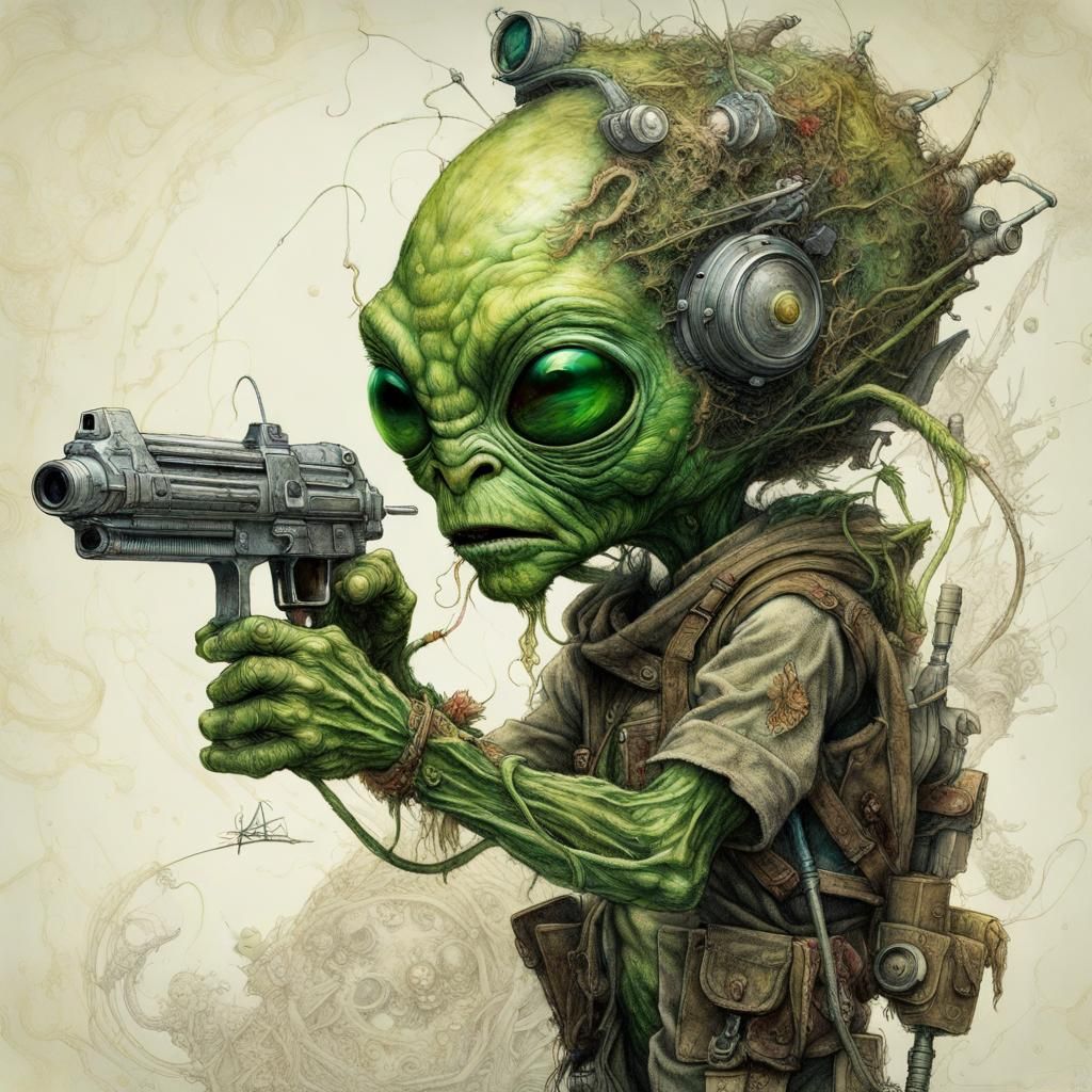A little green alien man with laser gun