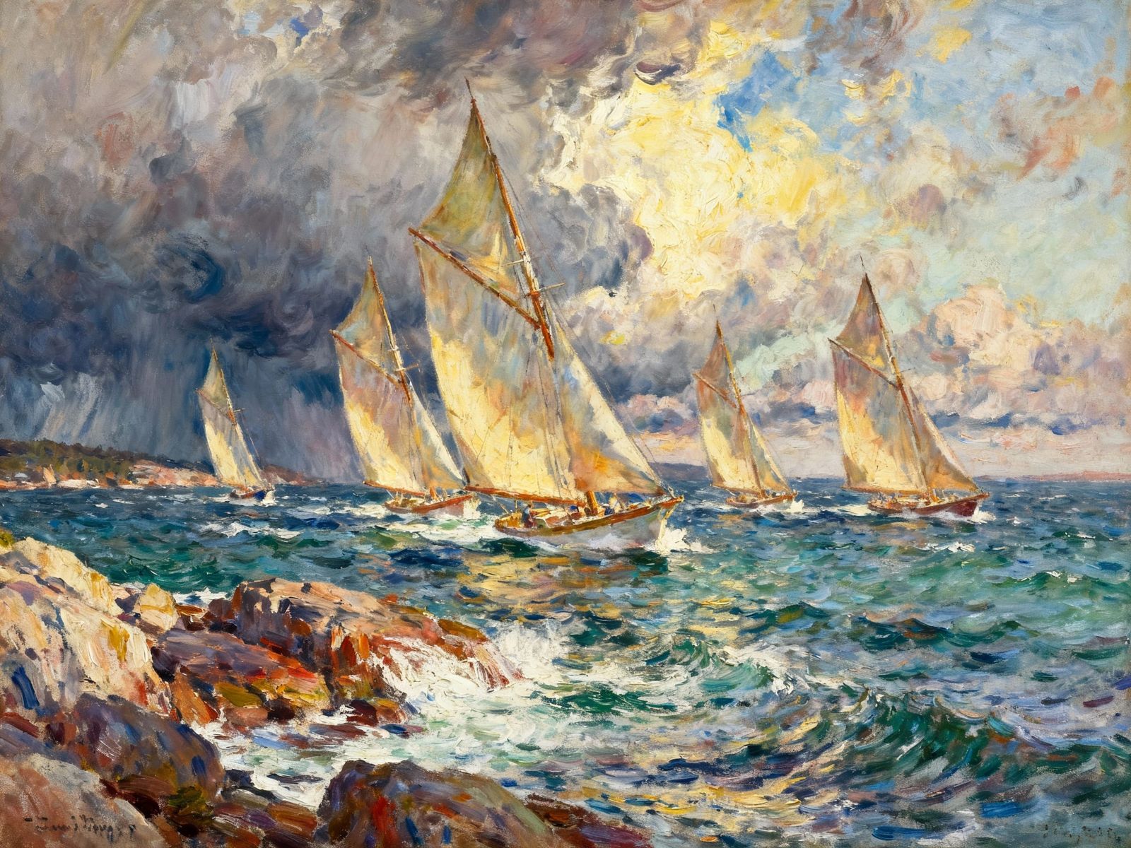 Sailboats Race Maine Coast Impressionistic Style