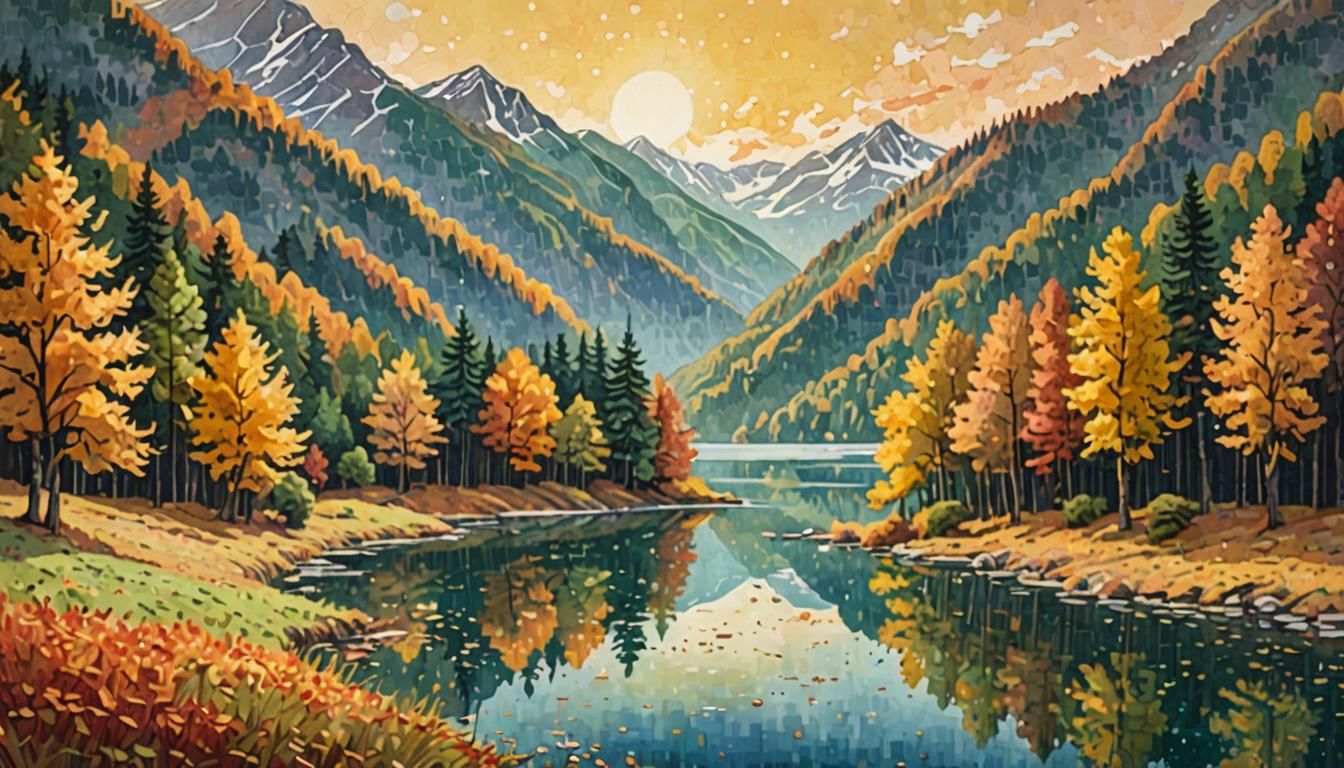 Swiss Valley Landscape in Pointillist Gouache Style