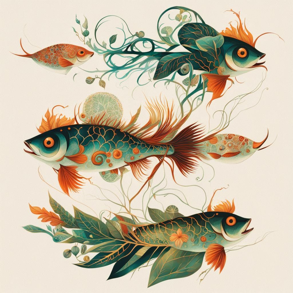 Retro illustration offlora and faunafishes , silver outlines...