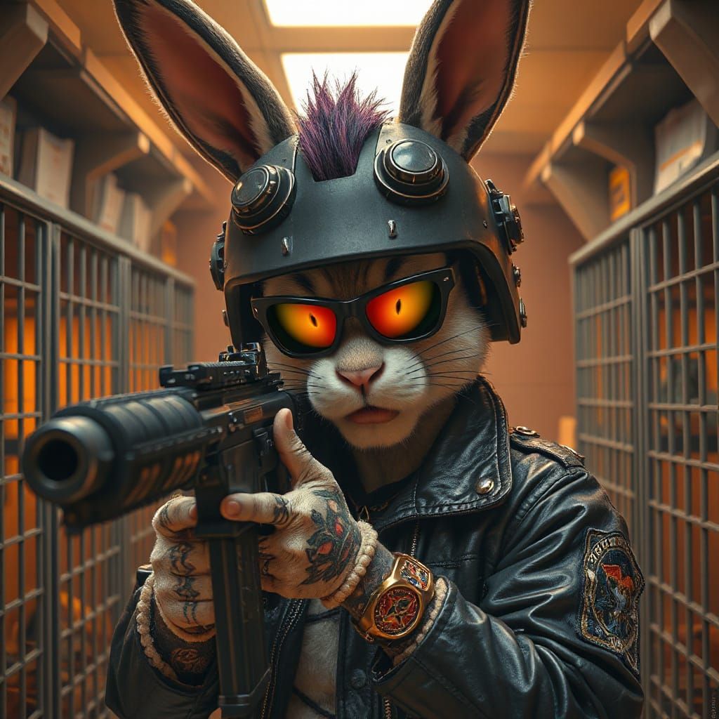 Cyberpunk Bunny Warrior in High Relief Digital Art