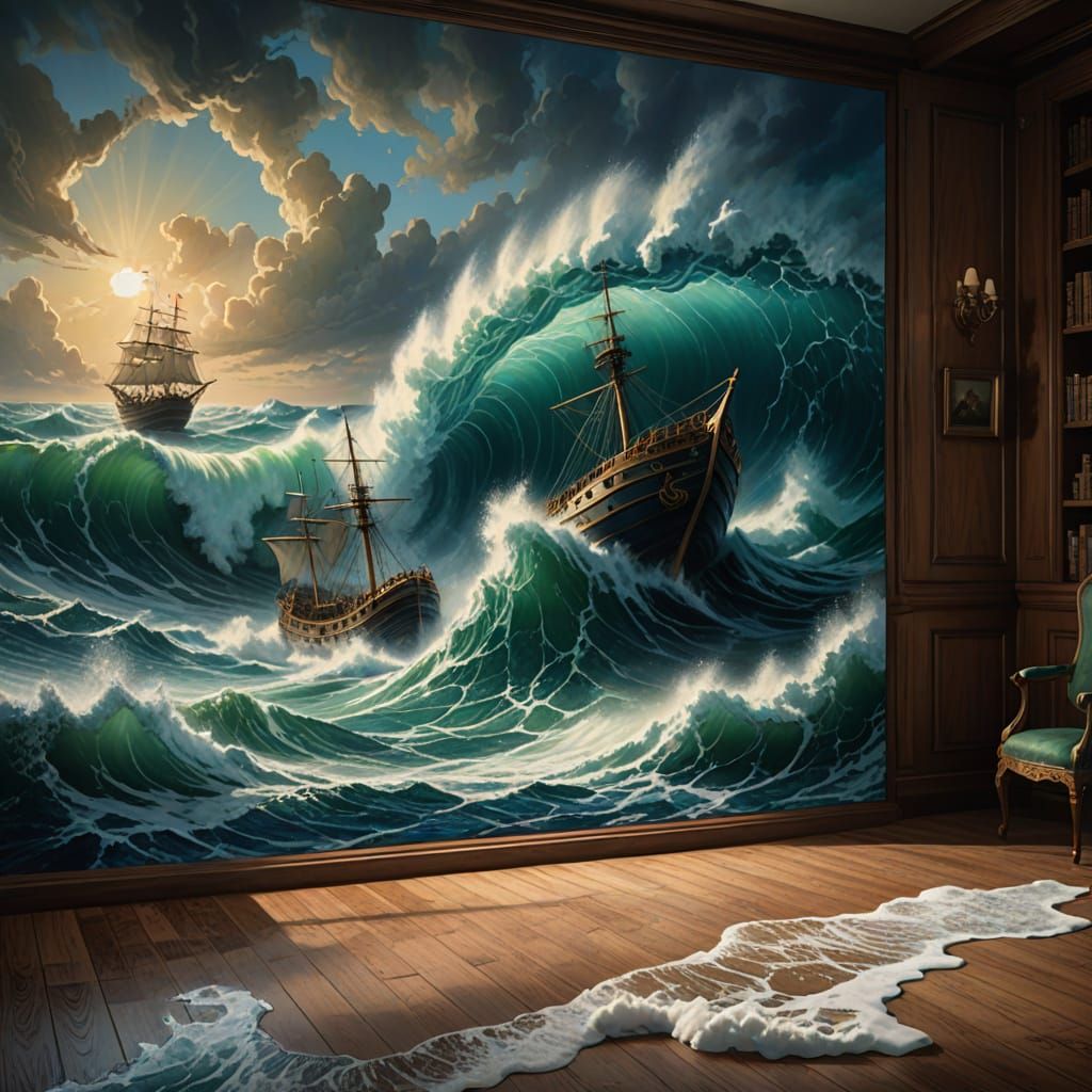 Fantasy Painting: Wave Carries Ship From Wall Art