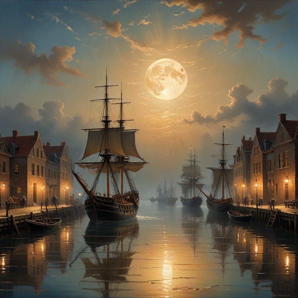 Nocturnal Harbor Scene with Moonlit Glow
