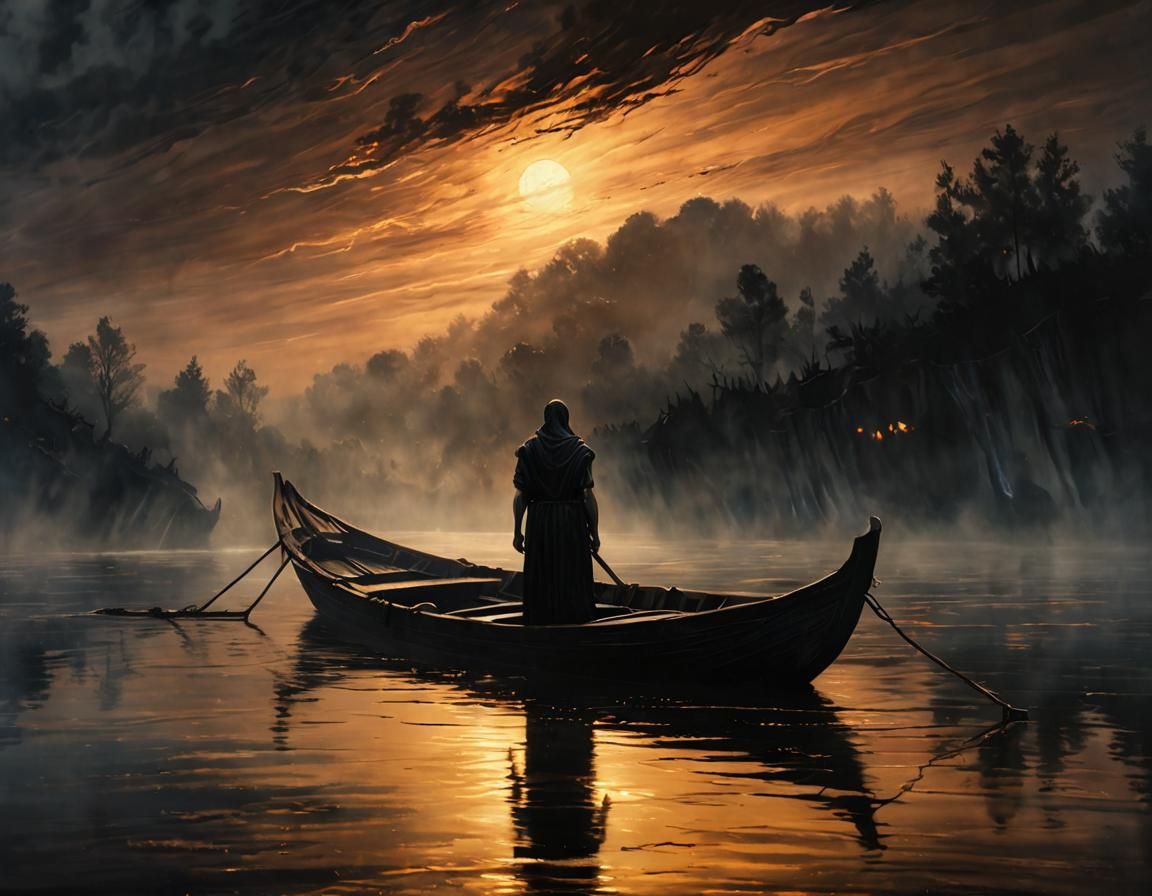 Charon on the River Styx: Dark Oil Painting