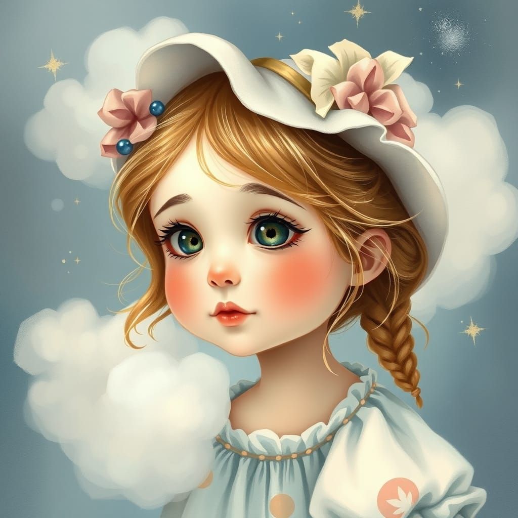 Whimsical Portrait of a Little Girl in a Dreamy Cloudy Scene