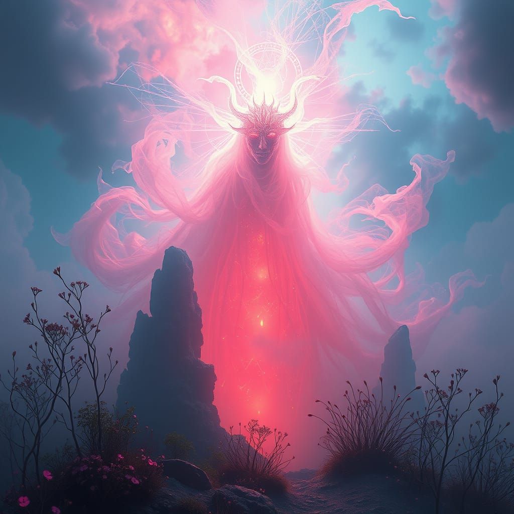 Ethereal Entity in Dreamlike Landscape: Surreal Digital Art