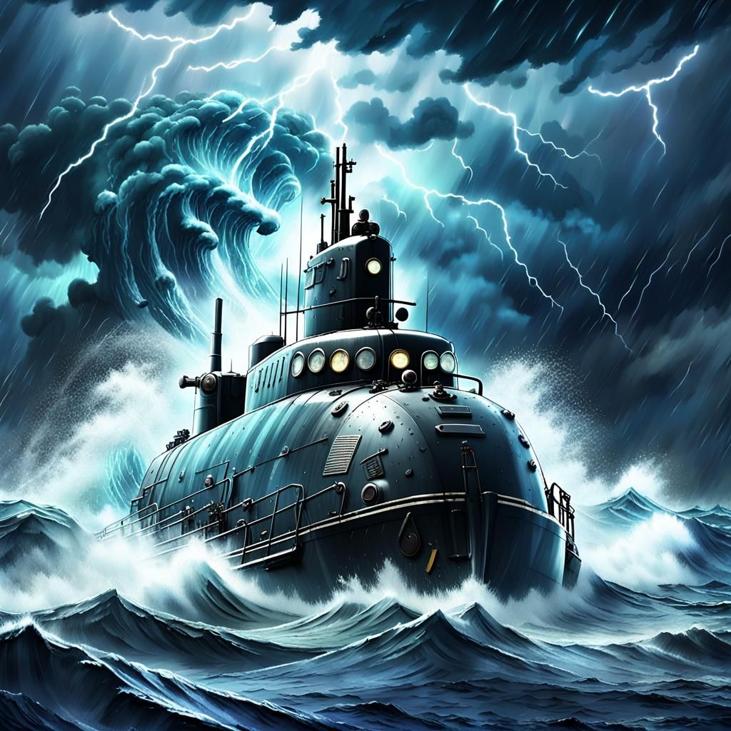 Futuristic Submarine in Stormy Seas: Anime Key Visual
