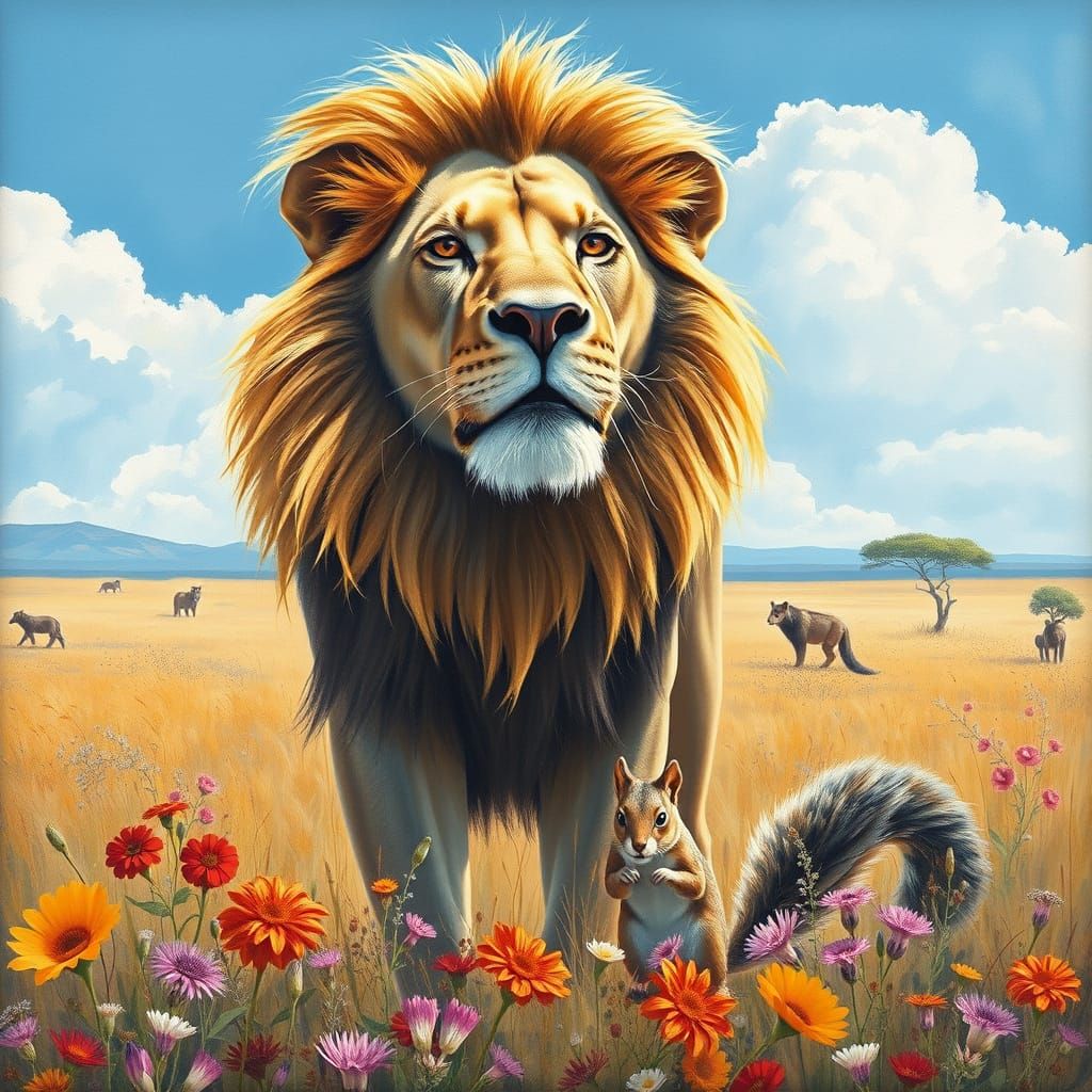Lion and Squirrel in Sunlit Savannah, Gouache Painting