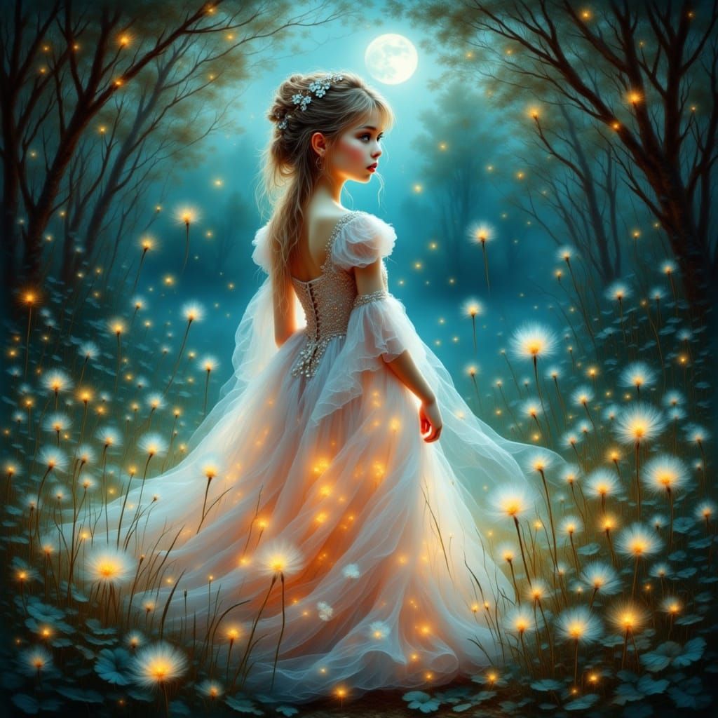 Whimsical Princess in Moonlit Enchanted Forest