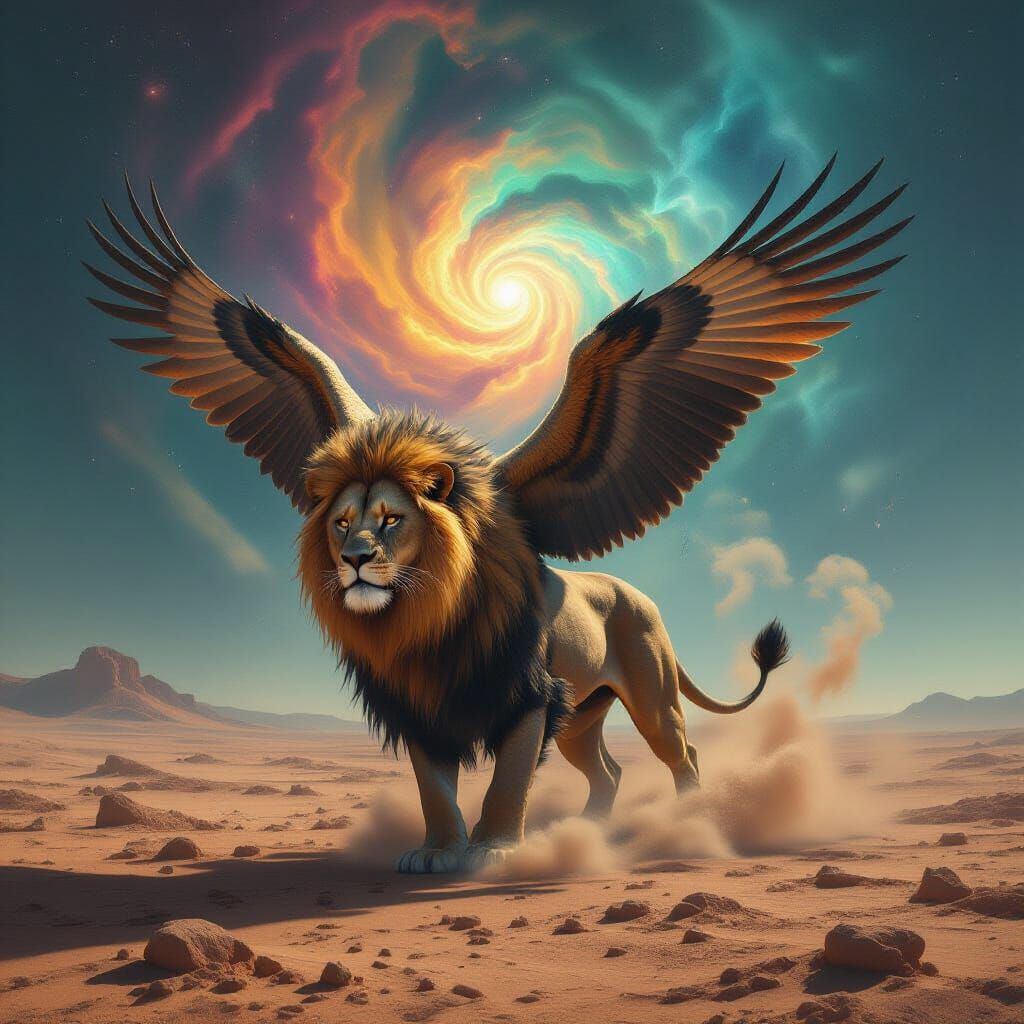 Surreal Chimeric Beast on Alien Landscape in Oil Painting St...