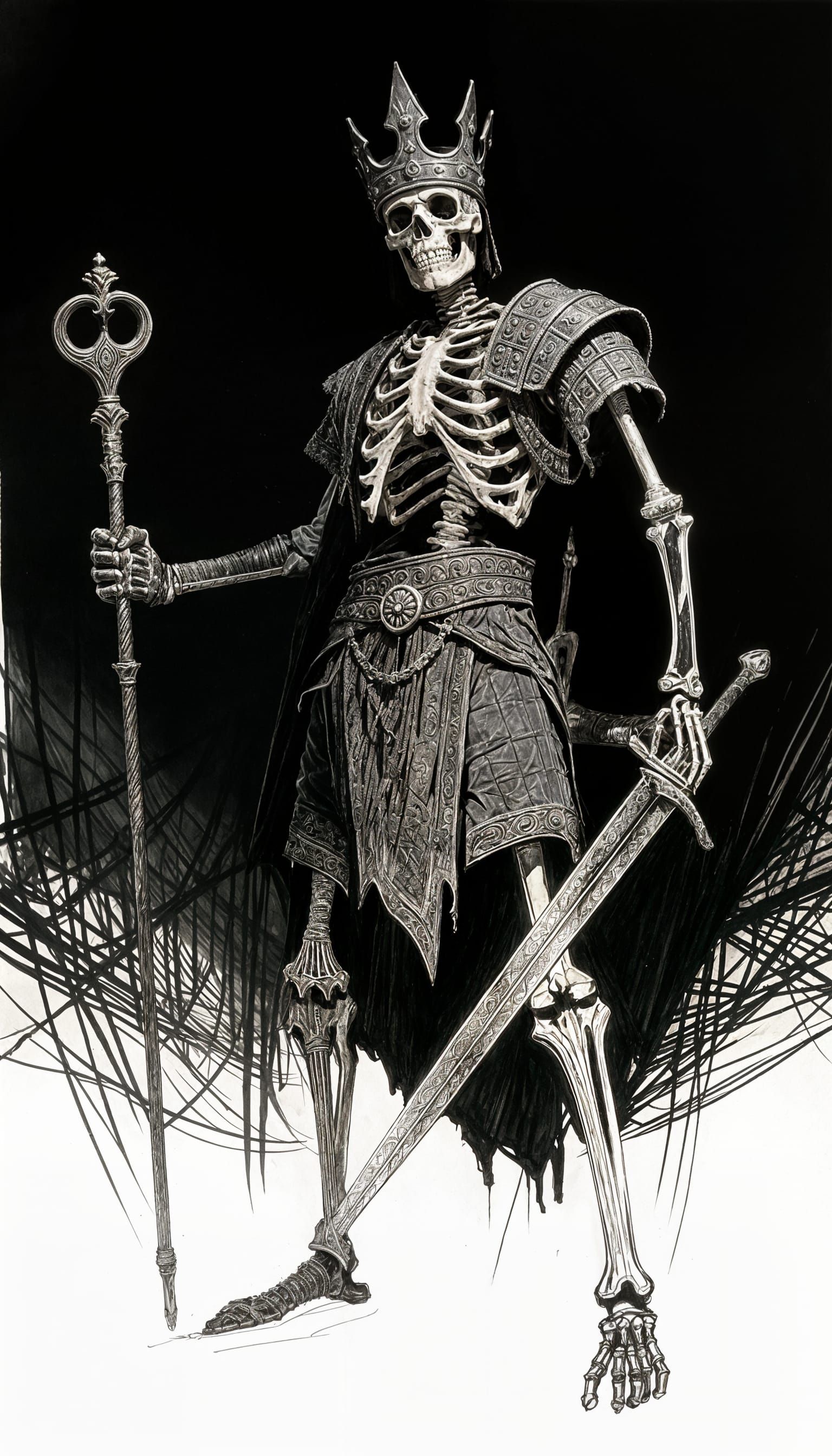 Skeleton King with Crown and Sword in Chiaroscuro