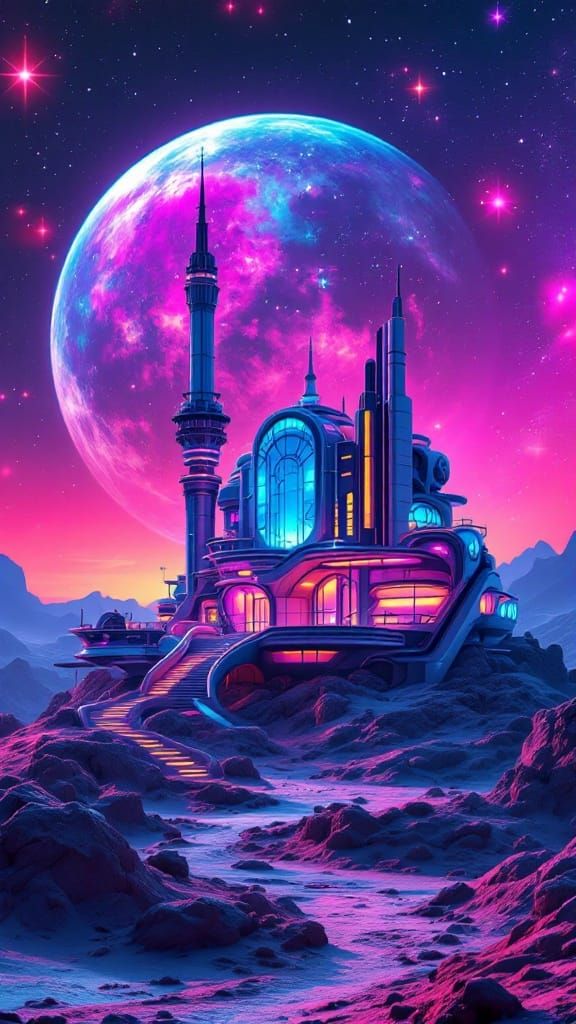 Retro-Futuristic Lunar Mansion in Vibrant Galaxy Hues