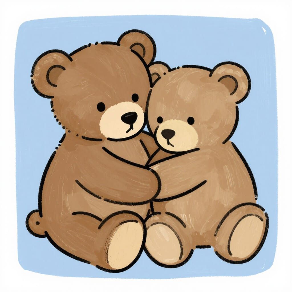 Cute Teddy Bears Snuggled Together in Expressive Line Drawin...