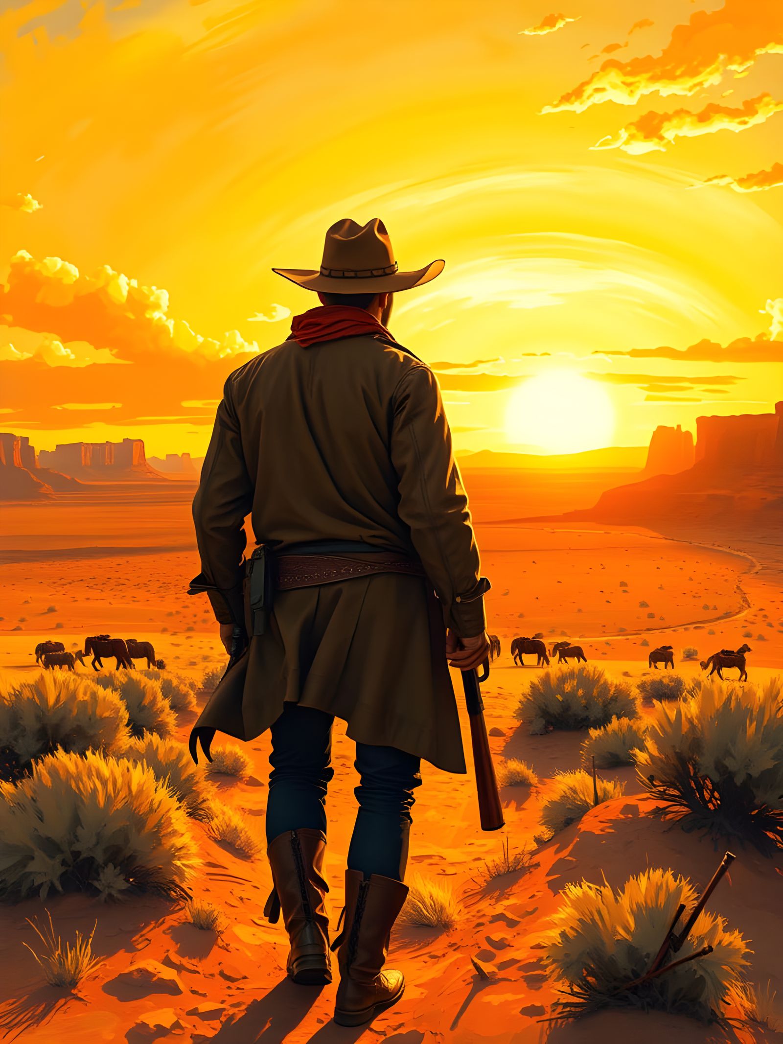 Cowboy Walks into Sunset in Dynamic Realism Style