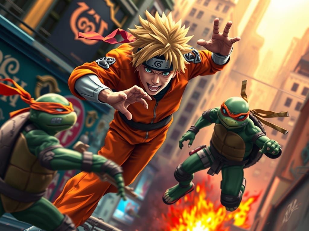 Naruto vs Ninja Turtles: Intense Mid-Air Battle