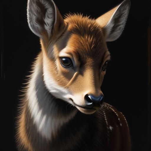 A baby deer with big brown eyes