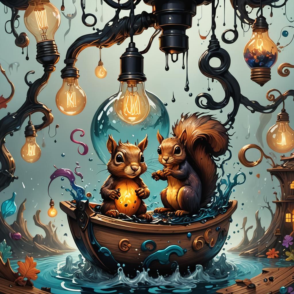 Squirrel's Lightbulb Moment: Surreal Splash Art Concept