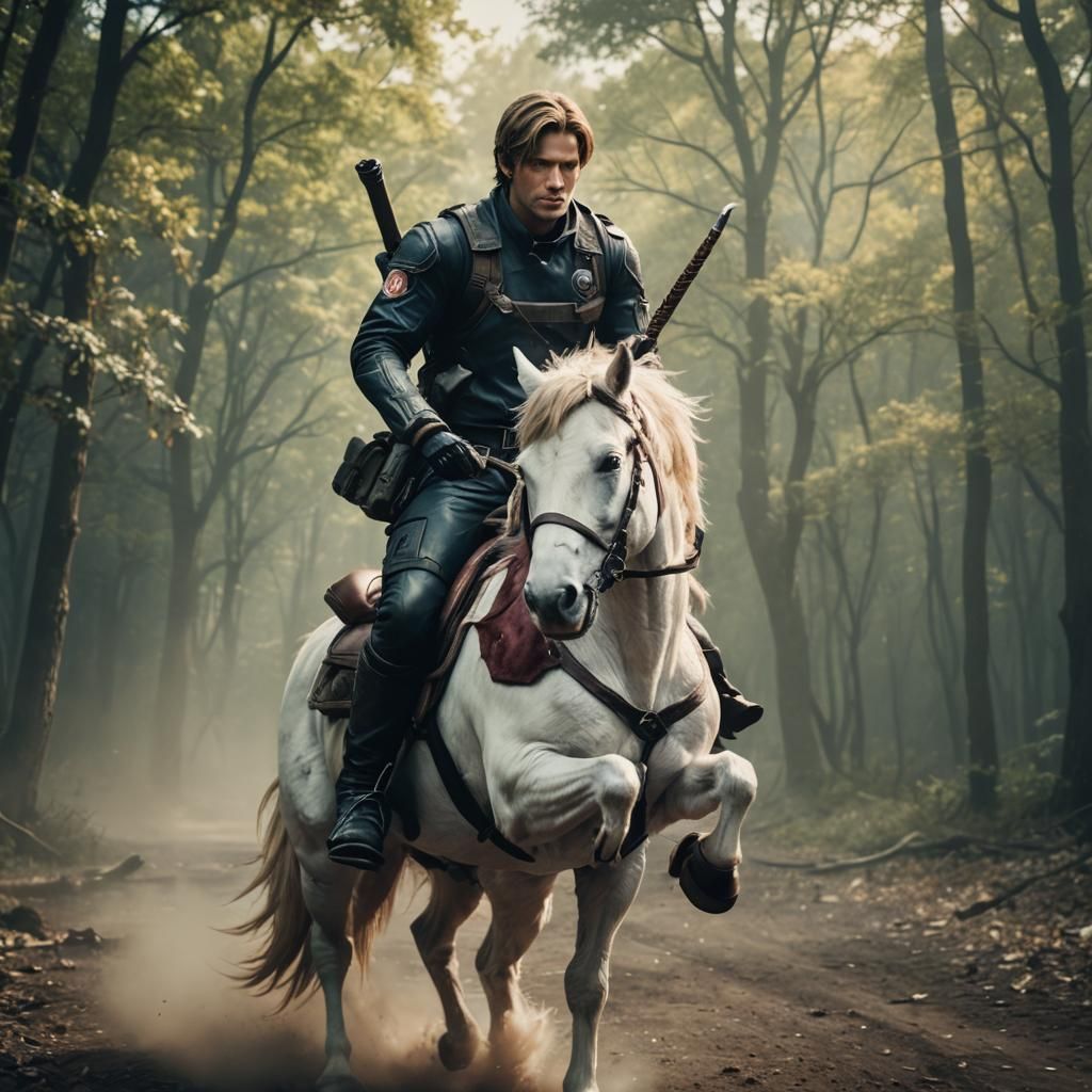 Leon Kennedy Rides Unicorn in Cinematic Film Still