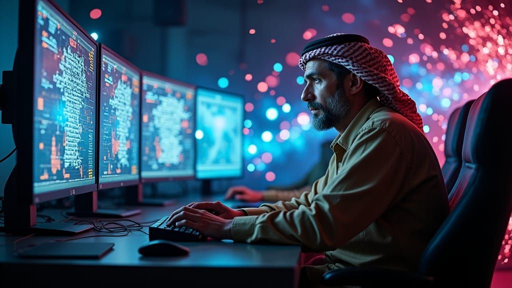 Man Immersed in Code: A Sci-Fi Cinematic Scene