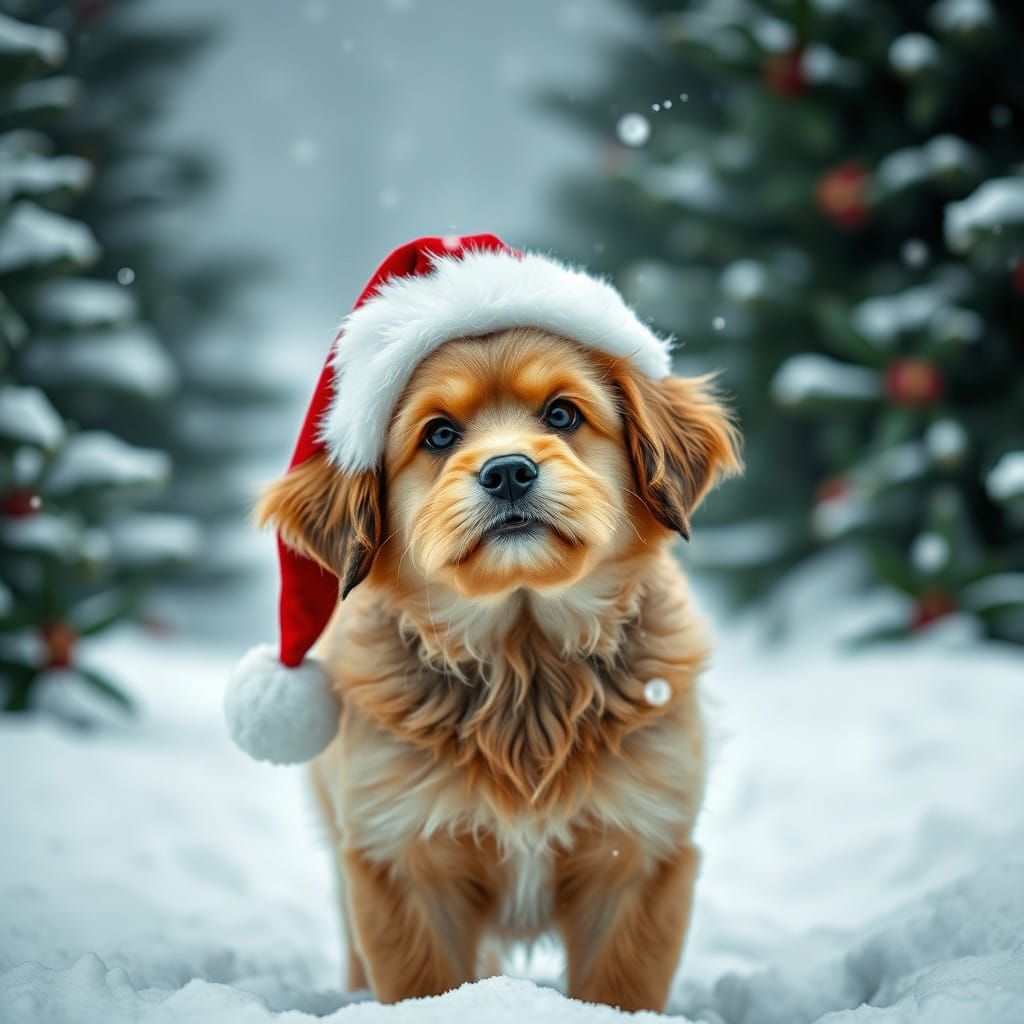 Festive Dog in Santa Hat at the North Pole