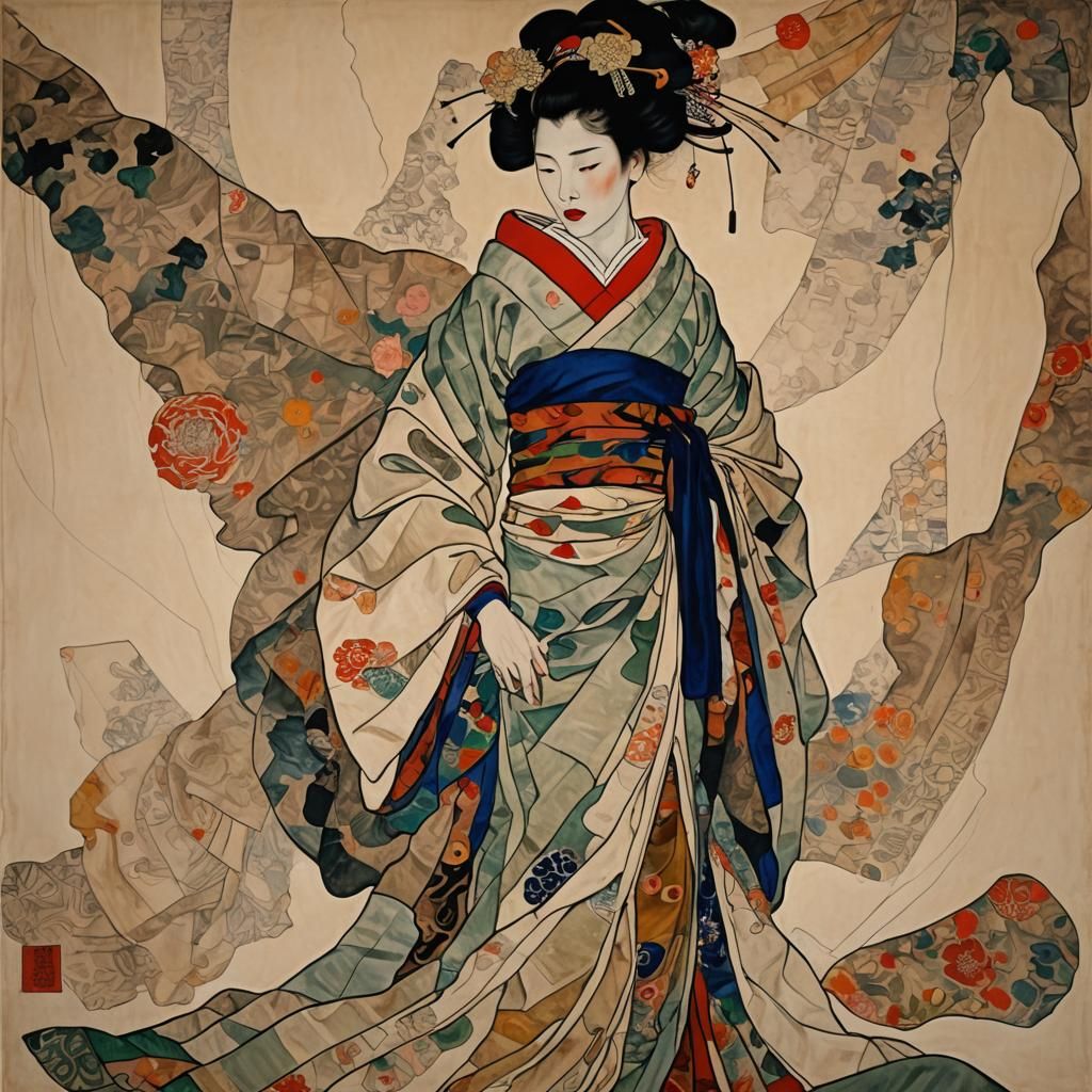 Geisha in Billowing Fabrics, Expressionist Style