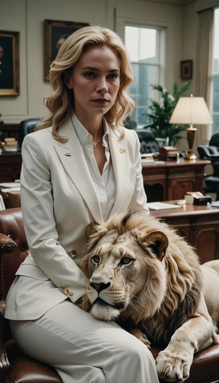 Woman in White Suit with White Lion