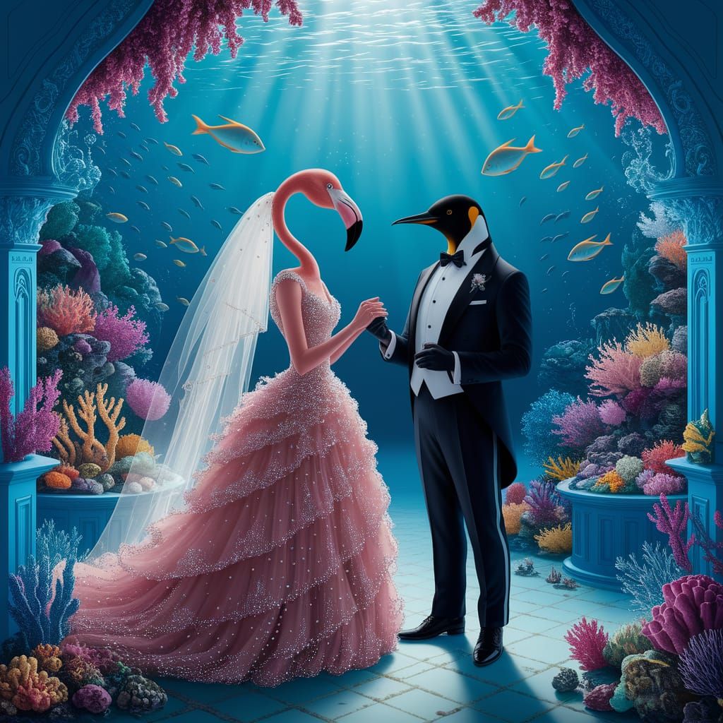 Flamingo Bride and Penguin Groom Underwater Wedding