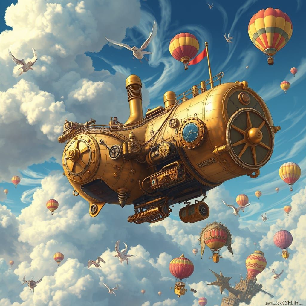 Steampunk Airship Soaring Through Whimsical Skies
