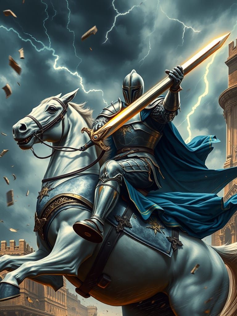 Medieval Knight with Glowing Sword on Rearing Horse