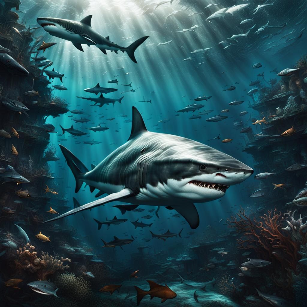 Epic Shark in a Dramatic Digital Painting