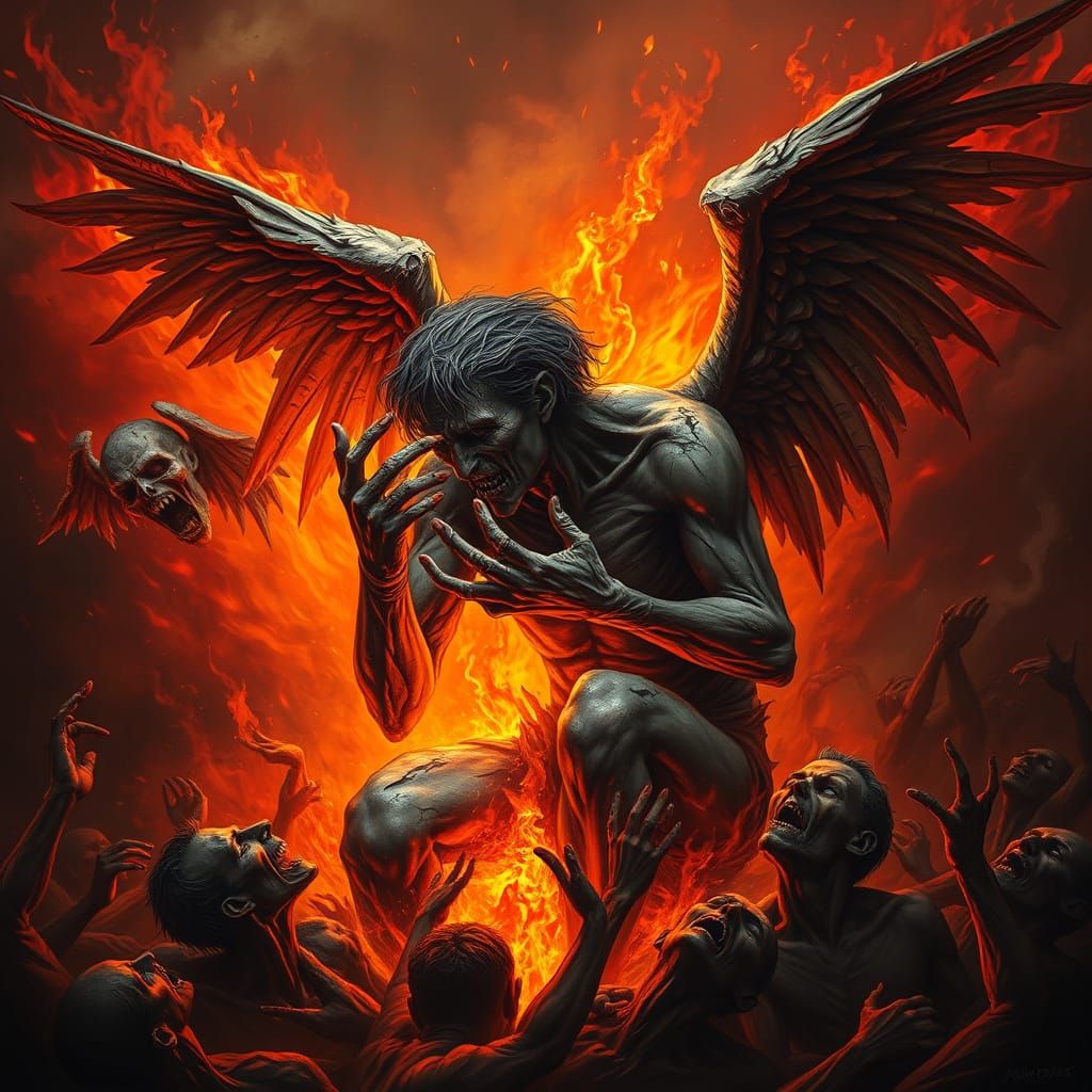 Decaying Fallen Angel in Hellish Landscape