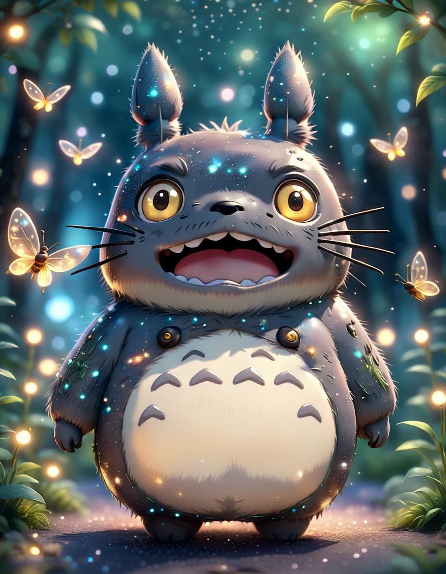 Cute Chibi Totoro with Sparkling Lights in Watercolor Style
