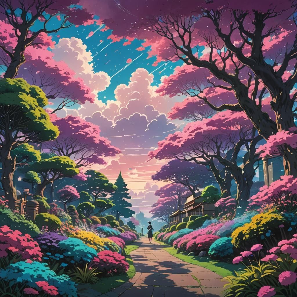 Dreamlike Garden Under Cosmic Sky: Ghibli Anime Style