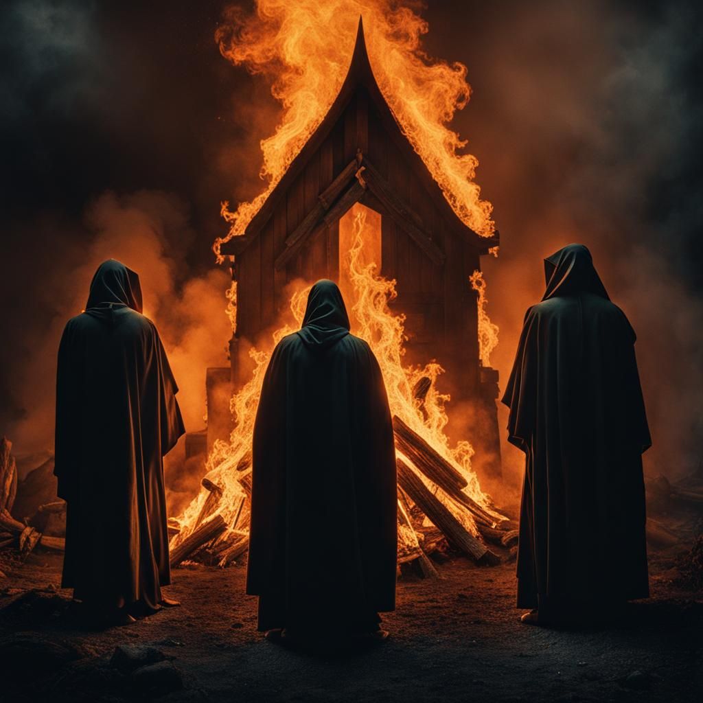 Eerie Monastic Gathering Around Fire