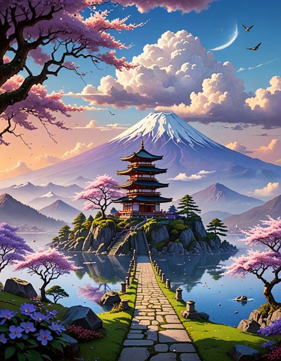 Floating Island Temple with Sakura Trees