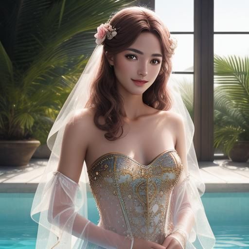 Hyperrealistic Pink-Haired Woman in Transparent Swimsuit