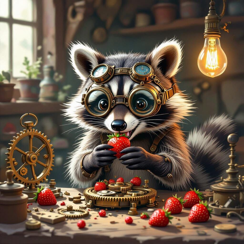 Steampunk Raccoon Tinkers with Clockwork in Cozy Workshop