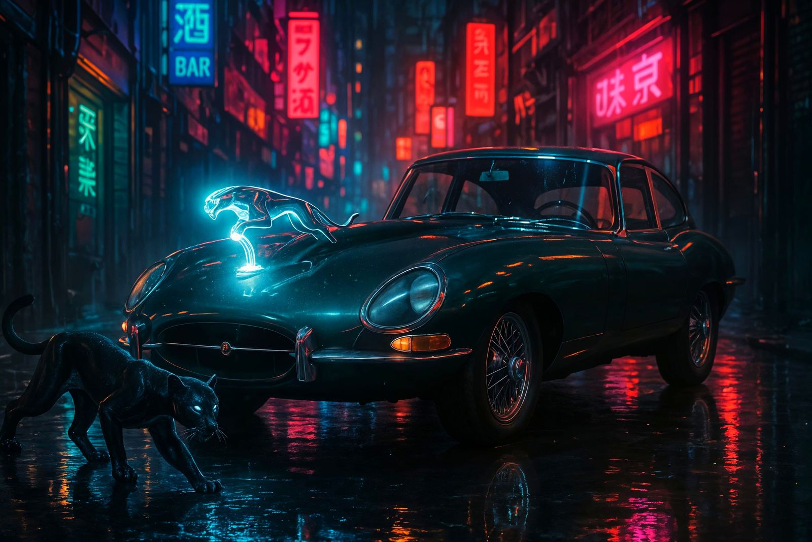 Jaguar's Spectral Guardian in Cyberpunk Cityscape