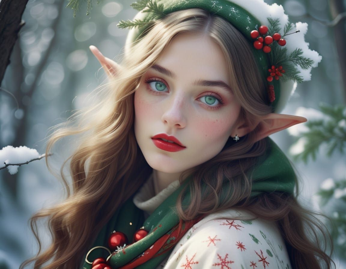 Glamorous Christmas Elf Portrait in Warm Winter Light