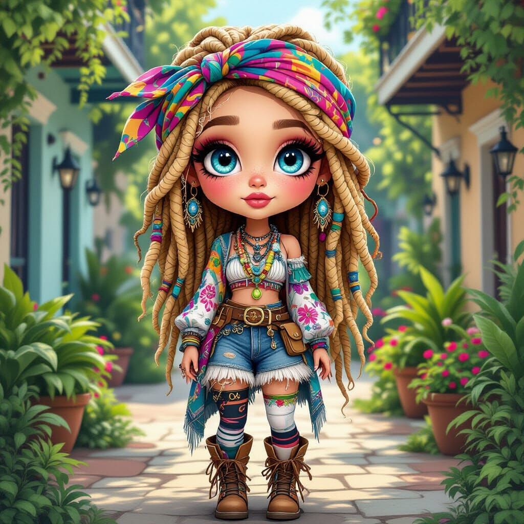 Bohemian Digital Art of Whimsical Woman in New Orleans Court...