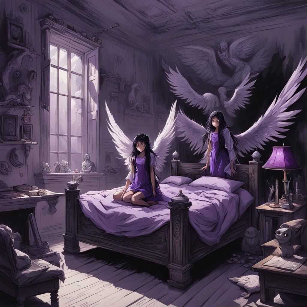 Cartoon Angel in Monster Room, Horror Style