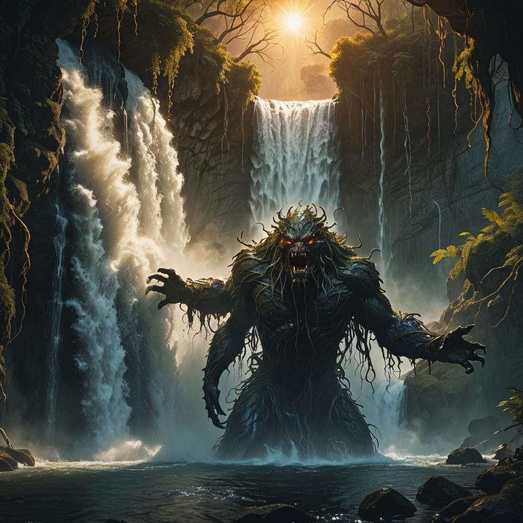 Scary Monster Hunts Under Waterfall: Dark Fantasy Art